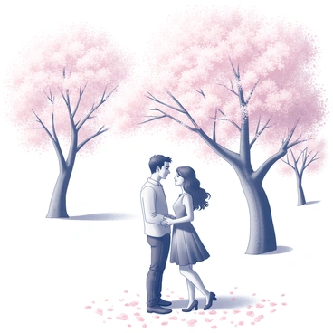 A couple standing beneath cherry blossom trees. The trees are in full bloom, with delicate pink flowers filling the branches and creating a soft canopy above them. The man is holding the woman's hands, gazing into her eyes, while she looks back at him with a warm smile. The ground is covered in fallen petals, creating a gentle carpet of pink and white. Sunlight filters through the branches, casting dappled shadows on their faces. In the background, more cherry blossom trees are visible, enhancing the romantic atmosphere of the scene.