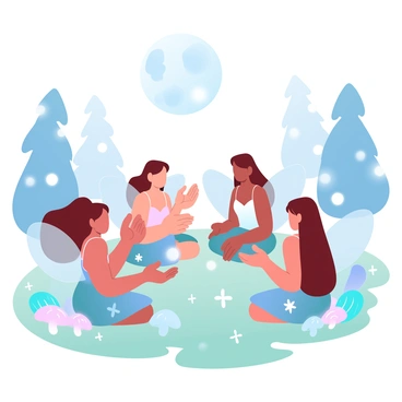 A group of fae creatures is gathered in a circle on a grassy glade, surrounded by tall trees. Each fae has unique features, with iridescent wings and vibrant clothing made of leaves and flowers. They are animatedly gesturing as they engage in discussion. Above them, a full moon casts a soft glow, illuminating the scene with silver light. Around the circle, small, glowing orbs float gently in the air, adding to the enchanting atmosphere of the gathering. The ground is dotted with colorful mushrooms and delicate flowers, creating a magical environment.