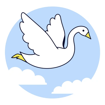 A swan in mid-flight, its elegant wings outstretched. The swan has bright white feathers that seamlessly blend with the light blue sky. Surrounding the swan are fluffy white clouds that appear soft and billowy. The scene captures the dynamic movement of the bird soaring through the sky.