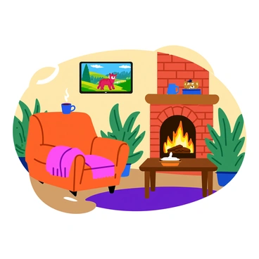 A cozy room featuring a brick fireplace with flames crackling inside. A plush armchair is positioned in front of the fireplace, adorned with a soft, knitted blanket draped over one arm. A wooden coffee table sits nearby, holding a steaming mug of hot cocoa topped with whipped cream. On the wall, there is a flat-screen TV displaying vibrant scenes from a nature documentary, featuring colorful animals in their habitats. The room is softly illuminated by warm light, enhancing the inviting atmosphere. Lush green plants are placed in the corners, adding a touch of nature to the interior.