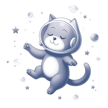 A cat wearing a space helmet is floating in a cosmic environment. The helmet is clear, showing the cat's content expression. The cat's paws are outstretched as if enjoying the weightlessness. Surrounding the cat are various stars and celestial objects, creating a sense of depth in the vastness of space. The scene captures a whimsical moment of the cat amid the starry background.