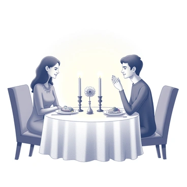 A dining table set for two, adorned with a white tablecloth. On the table, there are two elegant plates, each with a delicately arranged meal. A pair of tall, slender candles are lit in ornate candle holders, casting soft shadows around the setting. The couple is seated across from each other, engaged in conversation, with gentle smiles on their faces. In the background, there is a softly glowing light that complements the romantic atmosphere of the scene. A small vase contains a single flower, adding a touch of elegance to the table.