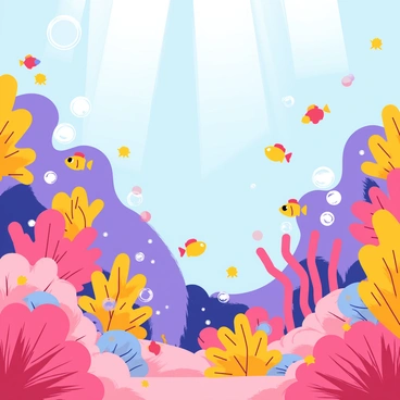 A vibrant underwater scene filled with a variety of colorful coral reefs in shades of pink, purple, and orange. The coral formations have intricate textures and shapes, providing a lively backdrop. Schools of playful fish in bright yellow, blue, and red swim around the corals. Some fish are small and darting, while others are larger and gracefully gliding through the water. Bubbles rise from the ocean floor, adding movement to the image, as beams of sunlight filter down, illuminating the underwater landscape.
