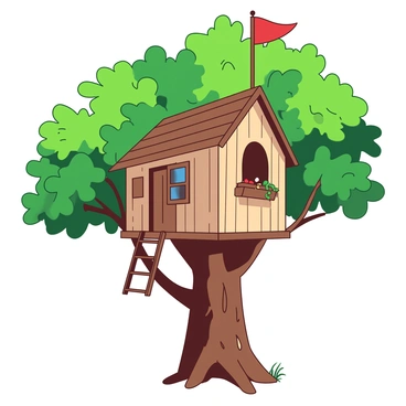 A duotone illustration features a whimsical treehouse perched high among the branches of a large oak tree. The treehouse is crafted from light brown wood with a sloping roof and multiple windows adorned with colorful shutters. Surrounding the treehouse are vibrant green leaves, filtering sunlight and casting playful shadows. A wooden ladder leads up to the entrance of the treehouse, and a small red flag flutters proudly from a pole atop the roof.