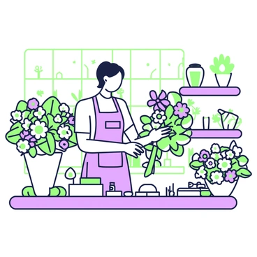 A florist wearing an apron over an A-line dress is arranging bouquets in a busy flower shop. She is surrounded by a variety of colorful flowers, including roses and daisies, displayed in large vases. The shop has shelves filled with plants and additional floral arrangements in the background. Sunlight filters through a large window, casting shadows and highlighting the textures of the petals. The florist is focused on her task, holding a bouquet in one hand and adjusting the placement of a flower with the other. Various tools and supplies are scattered around her workspace, creating a lively atmosphere.