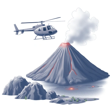 A helicopter is positioned in a hovering stance above a rugged volcanic landscape. The volcano is active, with plumes of steam rising from its crater. Surrounding the volcano are jagged rocks and blackened earth, indicating the presence of lava flows. In the foreground, there are patches of rough terrain and scattered vegetation struggling to thrive in the hostile environment. The sky above is filled with dark clouds, enhancing the dramatic atmosphere of the scene.