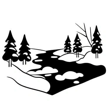 A river partially frozen with jagged ice formations on its surface. Snow-covered banks line the river, creating a soft white contrast against the dark water. Evergreen trees with heavy snow resting on their branches are scattered along the banks, their outlines defined in the cold air. The scene evokes a sense of winter stillness, with the landscape blanketed in a layer of snow.
