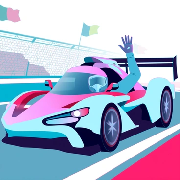 A race car driver with a helmet and visor, showing determination and excitement, is waving through the open window of a sleek, futuristic race car. The car features aerodynamic lines and vibrant colors, adorned with various sponsor logos. The driver’s gloved hand is raised high, signaling celebration. The setting is a dynamic racetrack, with blurred spectators in the stands and colorful flags fluttering in the background. The sun is shining brightly, casting reflections off the car's polished surface as it speeds around the track.