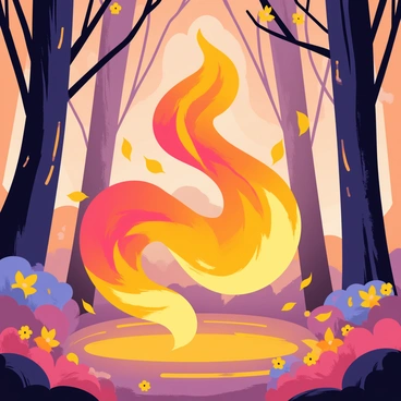 A fire elemental composed entirely of vibrant orange and red flames, moving gracefully as if performing a dance. The elemental has a fluid, swirling form, with sparks and embers flying off as it twirls. It is set against a backdrop of a magical forest, where tall, whimsical trees with glowing leaves surround it. Soft, ethereal lights illuminate the scene, casting a warm glow on the ground covered in colorful flowers. The atmosphere is filled with a sense of wonder and enchanting energy.