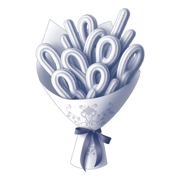 A bouquet composed entirely of churros, arranged in a visually appealing manner. The churros are freshly fried, with their ridged texture clearly visible. Each churro is carefully wrapped in decorative paper, which has intricate patterns or designs. The bouquet is held together by a ribbon, adding an elegant touch. The overall composition suggests a creative fusion of culinary art and traditional floral arrangements.