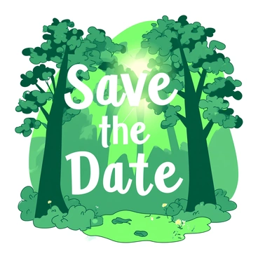 A green forest with tall trees displaying lush green leaves. The branches of the trees are intricately intertwined, forming the words "Save the Date." Sunlight filters through the canopy, casting dappled shadows on the forest floor. The ground is covered with a carpet of soft moss and scattered wildflowers. Birds can be seen perched on some of the branches, adding life to the scene.