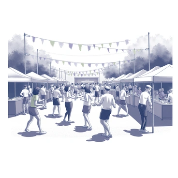 A bustling summer festival scene in Bournemouth. There are groups of people dancing joyfully, some dressed in casual summer attire. The crowd is diverse, with individuals of various ages and ethnicities, all engaging in the festive atmosphere. Colorful decorations such as banners and streamers are strung between trees and posts, creating an inviting environment. A stage is set up in the background, featuring musicians playing lively tunes. Stalls offering food and drinks line the pathways, with people chatting and enjoying the festivities.