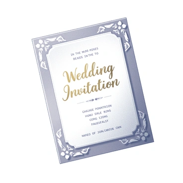 A rectangular wedding invitation card displayed prominently. The card features a detailed border with intricate floral designs along the edges. At the center, the words "Wedding Invitation" are elegantly embossed in gold lettering, showcasing a sophisticated font. Below this, the text includes the names of the couple and the date of the event, arranged in a well-organized manner. The background of the card is a soft white, providing a clean contrast to the gold details.