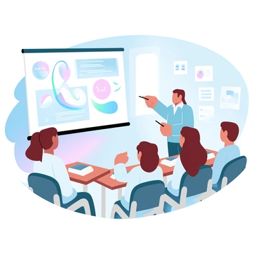 A classroom setting is depicted with a teacher standing beside a large chart that illustrates the concept of diabetes. The teacher is wearing a light blue shirt and holding a pointer to emphasize different sections of the chart. The students are seated at their desks, attentively looking towards the teacher and the chart. The desks are made of wood and have books and notebooks on them. The walls are decorated with educational posters related to health and nutrition. A window allows natural light to fill the room, creating a bright atmosphere.