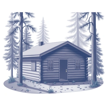 A small cabin made of dark wooden logs is nestled among tall trees in a dense forest. The cabin has a sloped roof with a chimney, and its windows are adorned with simple wooden shutters. Surrounding the cabin are various trees, including pine and fir, with their branches forming a natural canopy overhead. The ground is covered in leaves and scattered pine needles, creating a soft carpet beneath the trees. Sunlight filters through the branches, casting dappled shadows on the cabin and forest floor.