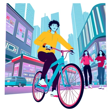 A teenager with short, tousled hair wearing a bright yellow jacket is riding a sleek, modern bicycle. They are navigating through a bustling urban street filled with people. Surrounding the teenager are colorful storefronts with large windows displaying various goods. Pedestrians walk along the sidewalk, some carrying shopping bags, while others are engaged in conversation. Skyscrapers loom in the background, their glass façades reflecting sunlight. The street is filled with vibrant traffic, including cars and buses, adding to the lively atmosphere of the city.