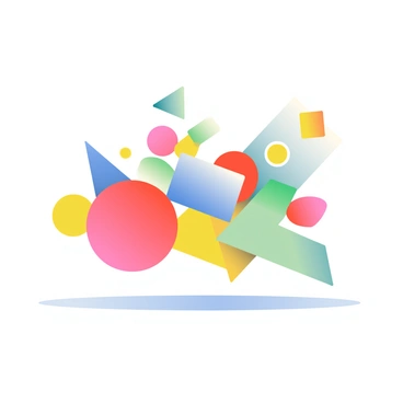 An assortment of colorful abstract shapes is floating in a bright, minimalistic space. The shapes include various geometric forms such as circles, triangles, and rectangles, each showcasing a distinct vibrant color like red, blue, yellow, and green. The background is a clean white, allowing the shapes to stand out prominently. The arrangement of the shapes varies in size, creating a sense of depth and movement, with some shapes overlapping slightly and casting soft shadows on the surface below.