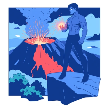 A blue superhero stands confidently on a rocky ledge, facing a large, rumbling volcano. The superhero has a muscular build, wearing a form-fitting suit that contrasts with the vibrant red lava seeping from the volcano's cracks. In the superhero's hands, a powerful force field is emanating, shimmering around the volcano's opening, preventing the lava from overflowing. The sky is filled with dark clouds, and sparks of orange light reflect off the superhero's determined face. Below, lush green trees surround the base of the volcano, emphasizing the tension between nature and the hero's protective stance.