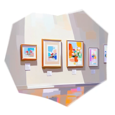 An art gallery wall displaying a collection of framed illustrations. Each frame holds a different piece of artwork, showcasing various styles and themes. The frames are arranged in an organized manner, with labels beneath each illustration providing "usage rights info". The wall is painted in a neutral color to highlight the artworks, and there is a soft shadow cast by the frames, creating depth in the display. The lighting is focused on the illustrations, enhancing their colors and details.