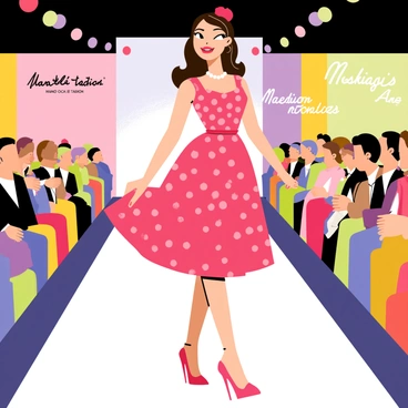 A pin-up model with long, wavy brown hair is confidently strutting down a runway. She is wearing a vibrant red polka-dotted dress that flares out at the skirt. Her lips are painted bright red, and she has a playful smile on her face. The catwalk is adorned with colorful lights and surrounded by an enthusiastic crowd. The backdrop features large, vintage-inspired banners showcasing various fashion brands from the 1950s. The atmosphere is lively, capturing the essence of a classic fashion show.
