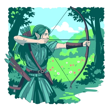 An elf with long flowing hair is positioned in a vibrant forest within Rivendell, drawing back a teal bowstring. The elf wears intricate armor that shimmers in the soft light filtering through the trees. A quiver filled with arrows rests at the elf's side, and the vibrant forest is filled with lush green foliage and colorful flowers. Sunlight creates patterns on the forest floor, illuminating the elf's focused expression as they aim at a distant target.