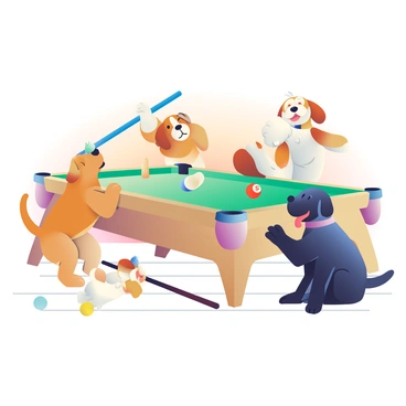 A group of four dogs is surrounding a billiards table, engaged in a playful scene. One dog, a golden retriever with a shiny coat, is attempting to balance a bright blue cue stick on its nose. Another dog, a small beagle with brown and white patches, is perched on the edge of the table, observing intently as colorful billiard balls are scattered around. A black labrador is playfully nudging a red eight ball with its paw, while a fluffy white poodle is barking excitedly, sitting beside a cue stick lying on the table. The background features a cozy room with a warm wooden floor and a few dog toys scattered around.