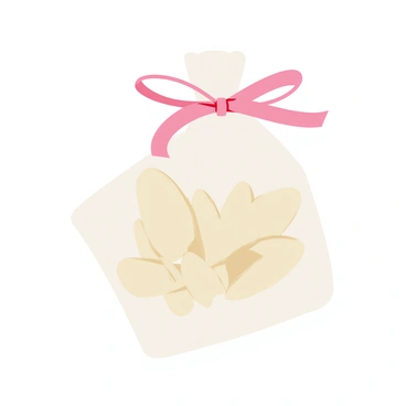 A small, square sachet filled with delicate, dried gardenia petals is positioned at the center of the image. The sachet is made of sheer, white fabric, allowing the soft, creamy petals to be visible inside. A neatly tied ribbon in a pastel color, such as light pink, wraps around the top of the sachet in a bow. Soft, natural light illuminates the sachet, highlighting the texture of the petals and the sheen of the ribbon.