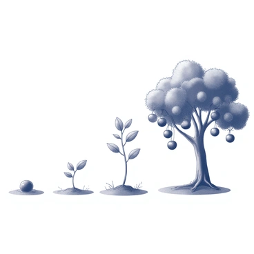 An illustration depicting the lifecycle of a tree. At the left, there is a seed resting in the soil, surrounded by small roots beginning to sprout. Next to it, a young sapling emerges, displaying several small leaves on thin branches. The middle section shows the tree as a juvenile, with a thicker trunk and more abundant foliage. The final part of the illustration features a fully grown tree, with a stout trunk and a dense canopy of leaves. The tree is adorned with abundant fruits hanging from its branches, showcasing nature's bounty.