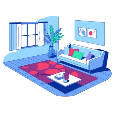 A blue modern living room features a large rug with bold geometric patterns in shades of red. The rug is centrally placed on a polished wooden floor. Surrounding the rug, there is a light gray sofa with colorful throw pillows arranged on it. A sleek coffee table sits in front of the sofa, adorned with a small stack of books and a teal decorative vase. The walls are painted in a soft white, and large windows allow natural light to fill the space, enhancing the vibrant colors of the room.