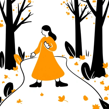 A woman wearing a warm-toned A-line dress walking along a winding path. The path is covered with a thick layer of autumn leaves in various shapes and sizes. Surrounding the path are tall trees with bare branches, and the ground is littered with fallen leaves. The scene captures the essence of an autumn day, with leaves scattered around her feet as she walks.