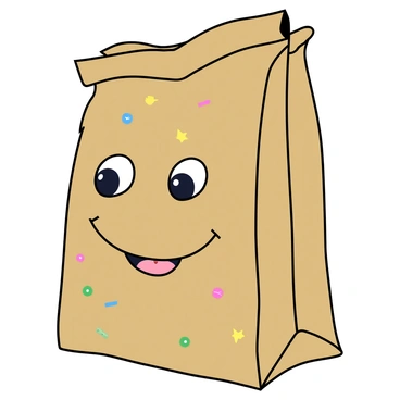 A large paper bag with a cheerful expression is illustrated in a playful manner. The bag has two big cartoon eyes and a wide, friendly smile that stretches across its front. Its body is a light brown color, resembling typical paper, and it features crumpled edges to give it a whimsical look. The eyes are round and bright, with shiny highlights, and the smile is drawn in bold black lines. The bag has colored decorations, such as colorful doodles and stars sprinkled around it for added charm. The background is simple, allowing the paper bag to be the focal point of the drawing.