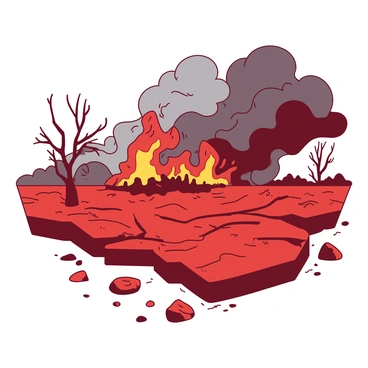 A red wildfire is spreading rapidly across a dry, cracked landscape. The flames leap into the air, contrasted against the dark, smoky sky filled with swirling gray and black smoke. The ground is parched, with patches of charred earth visible amidst the orange and yellow flames. In the distance, a silhouette of a few twisted trees can be seen, their branches reaching upwards as if trying to escape the heat. The atmosphere is thick with smoke, reducing visibility and creating a sense of urgency in the scene.