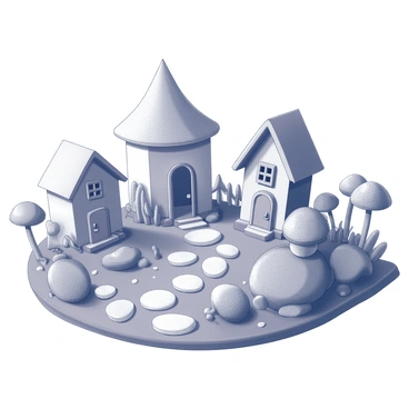 A miniature fairy garden made from clay. The scene features multiple tiny houses with intricate details, including small windows and doorways, each uniquely shaped and placed among the greenery. Surrounding the houses are various tiny mushrooms, some with domed caps and others with slender stalks. The garden has a pathway made of small pebbles winding through the vibrant foliage, creating a charming ambiance. The entire composition is carefully arranged to give a sense of a whimsical, magical space.