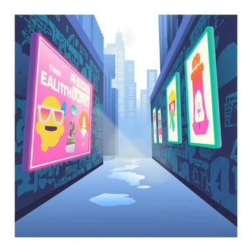 A narrow alleyway is illuminated by vibrant neon lights in shades of blue, pink, and green. The walls of the alley are covered with graffiti art and digital billboards displaying bright advertisements for various products and entertainment. A small puddle reflects the neon glow, creating a shimmering effect on the ground. In the background, the silhouettes of futuristic buildings can be seen towering over the alley, adding to the urban atmosphere. A faint mist drifts through the scene, enhancing the mysterious feel of the environment.