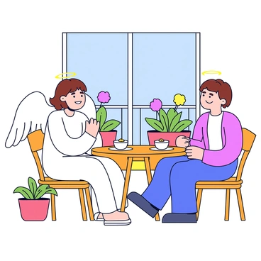 An angel with white wings and a soft glow is sitting on a wooden chair. The angel has a serene expression and is wearing a simple white robe. A neighbor, a middle-aged woman with short brown hair, is seated across from the angel at a small round table. The table is set with two cups of steaming tea and a small plate of cookies. The balcony is decorated with potted flowers, and sunlight casts warm shadows across the scene. In the background, a clear blue sky is visible.