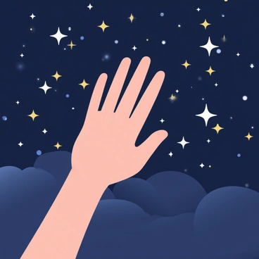 A hand with delicate, lightly tanned skin is sweeping across a dark night sky filled with numerous twinkling stars. The stars are scattered across the sky, varying in size and brightness, creating a beautiful celestial panorama. The hand is positioned prominently in the foreground, with slender fingers gracefully extended as if reaching for the stars. The night sky is a deep navy blue, providing a striking contrast to the bright white and gold twinkling stars.