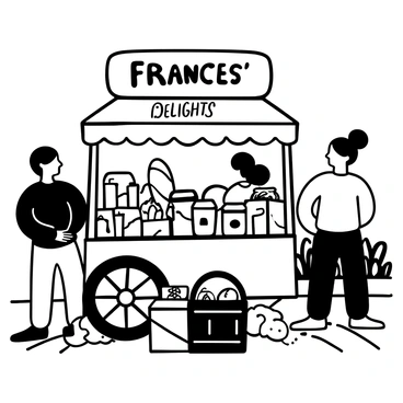 A charming street cart selling fresh bread and homemade jams with a sign that says 'Frances' Delights.'