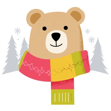 A bear's head centered in the image, featuring soft, plush fur in shades of brown. The bear has large, round ears and gentle eyes, giving it a friendly expression. Wrapped around the bear's neck is a thick, knitted scarf in winter tones of deep red, mustard yellow, and forest green, with intricate patterns woven throughout. The background suggests a winter setting, with soft, falling snowflakes and hints of frosted pine trees creating a cozy atmosphere.
