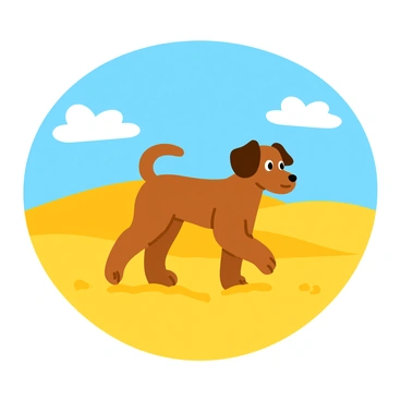 A brown dackel with short legs is walking across golden sandy dunes. The dog has a wagging tail and its ears are flopping as it moves. In the background, the sky is bright blue with a few fluffy white clouds scattered throughout. The sun is shining down, casting soft shadows on the dunes, creating a warm and inviting atmosphere. The grains of sand are glistening slightly in the sunlight, adding texture to the scene.