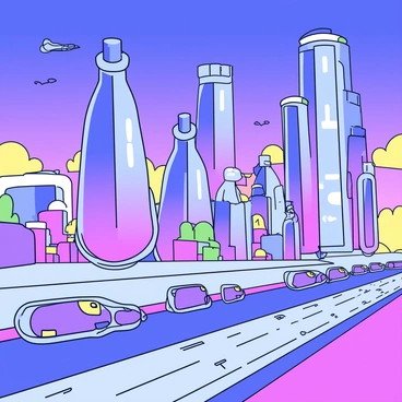 A futuristic cityscape featuring tall buildings shaped like giant ampoules. Each ampoule structure has a sleek, glass-like exterior that reflects light, creating a shimmering effect. The buildings vary in size, with some towering high above the rest. Surrounding the ampoule buildings are streamlined roads with small, hovering vehicles. The sky is a gradient of twilight colors, transitioning from deep blue to soft purple, with a few clouds scattered across. The scene is illuminated by bright neon lights coming from the buildings and street fixtures, enhancing the modern atmosphere.