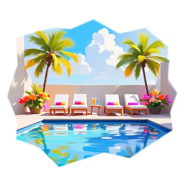 A tropical poolside scene featuring a sparkling swimming pool with clear, shimmering water reflecting the sunlight. The pool is surrounded by lush green palm trees and vibrant tropical flowers, creating a lively atmosphere. Sun loungers with colorful cushions are arranged neatly beside the pool, inviting relaxation. A clear blue sky is overhead, with a few fluffy white clouds adding depth to the scene. A small table holds refreshing beverages, completing the inviting poolside environment.
