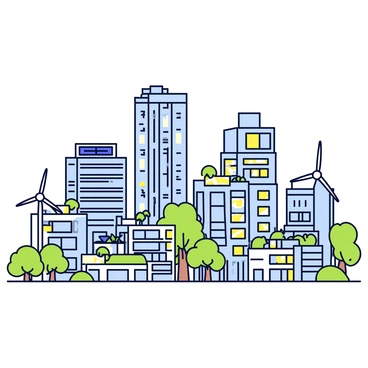 A city skyline featuring several tall buildings with modern designs. The buildings include large glass windows reflecting sunlight and are surrounded by lush green trees and plants. Solar panels are mounted on the rooftops of some buildings, while wind turbines are positioned in the vicinity. The scene also includes green rooftops with gardens visible on multiple structures. The sky is clear and bright, suggesting a clean environment.