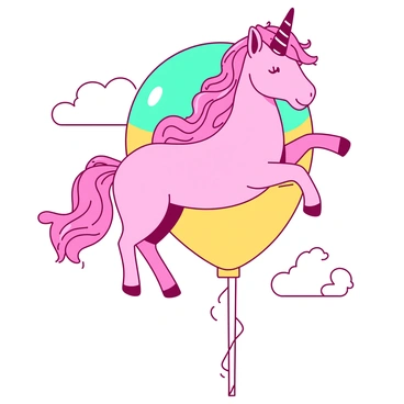 A pink unicorn with a flowing, shimmering mane is floating gracefully in the air. The unicorn's hooves are extended slightly, and it has a gentle smile on its face. It is holding onto a large, multi-colored balloon that is bright yellow at the base and transitions to a vibrant teal at the top. The balloon has a shiny surface that reflects light, and it sways gently as the unicorn drifts. Fluffy white clouds are visible in the background, enhancing the sense of elevation and whimsy.