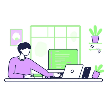 A software developer is sitting at a desk in a modern office space. The developer has short hair and is focused on the code displayed on the laptop screen. The laptop is silver and features a keyboard with backlit keys. On the desk, there is a green notebook, a purple pen, and a smartphone lying next to the laptop. In the background, there are large windows letting in natural light, and a potted plant placed on a shelf adds a touch of greenery to the environment. The walls are decorated with abstract artwork, creating a professional atmosphere.