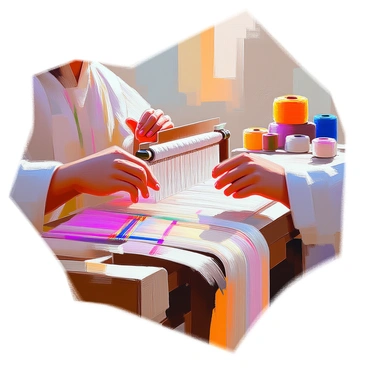 Artisan hands with sun-kissed skin are skillfully weaving delicate pashmina shawls on a traditional loom. The loom is made of dark wood, with intricate carvings visible on its frame. Colorful strands of soft pashmina yarn in shades of cream, maroon, and deep blue are being threaded through the loom, creating a beautiful pattern. The artisan’s fingers are deftly manipulating the yarn, showcasing years of craftsmanship and attention to detail. In the background, spools of yarn in various colors are neatly arranged, adding to the vibrant atmosphere of the workspace.