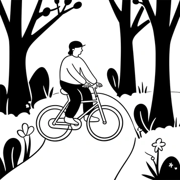 A person riding a bicycle along a winding path in a park, surrounded by tall trees with thick trunks and sprawling branches. Various types of flowers, including daisies and tulips, are blooming alongside the path. The sunlight filters through the foliage, casting intricate shadows on the ground. The cyclist is wearing a helmet and a light jacket, and the bicycle has a sleek, modern design.