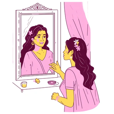 A bride in a beautiful traditional dress is standing in front of an ornate mirror. Her face is adorned with haldi, a vibrant yellow turmeric paste, giving her a radiant glow. She is gazing at her reflection with a soft smile, her dark hair intricately styled with flowers. The room features elegant furnishings, and there are delicate decorations surrounding the mirror, enhancing the serene atmosphere of the moment.