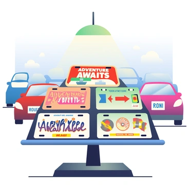 A display showcases various custom license plate designs at a car dealership. Each license plate features unique graphics and text. Some plates have vibrant colors with phrases like "Adventure Awaits" in bold lettering, while others display state symbols or personalized names. The plates are arranged on a sleek black stand with a polished surface. In the background, several cars are parked, displaying their own standard license plates. A bright overhead light illuminates the display, highlighting the details of each custom plate.