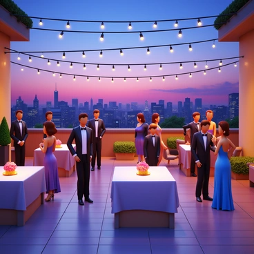 A glamorous rooftop party scene featuring a beautifully decorated terrace. Stylish guests dressed in elegant evening wear, including tuxedos and formal gowns, mingle and enjoy the atmosphere. Strings of soft, twinkling fairy lights hang across the space, illuminating the scene. Tables are adorned with fine linens and centerpiece floral arrangements. In the background, a city skyline glows under a twilight sky, completing the luxurious setting.