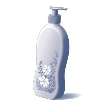 A shampoo bottle with an elegant design featuring intricate floral patterns. The floral patterns are detailed and delicately embossed on the surface of the bottle. The bottle has a smooth, curvaceous shape with a pump dispenser at the top. It is placed on a simple, uncluttered surface that emphasizes its design. The focus is solely on the shampoo bottle, showcasing its decorative elements without any distractions in the background.
